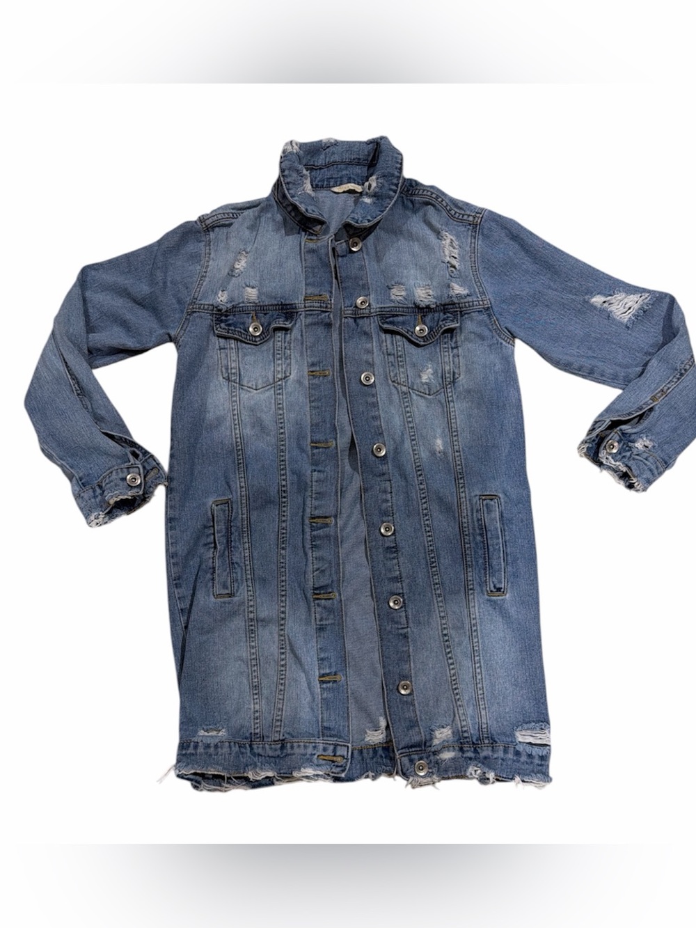 Miss Bonbon Distressed Long Blue Denim Jacket - Women's